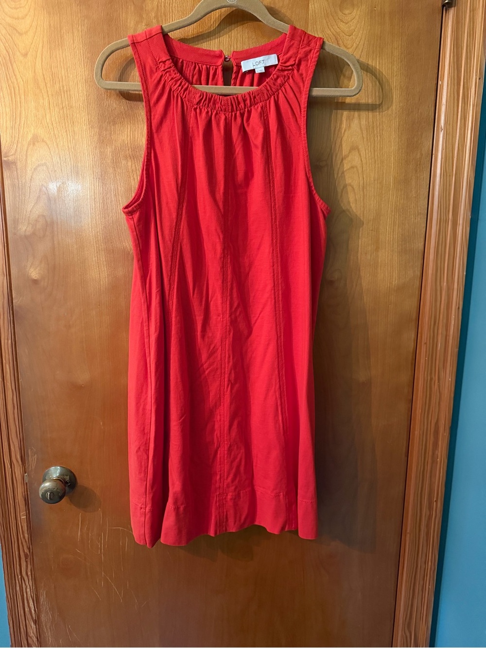 LOFT Sleeveless Red Gathered-Neck Shift Dress